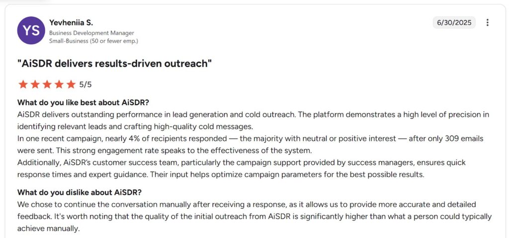 AiSDR review by Yevheniia S., business development manager (Source: G2)