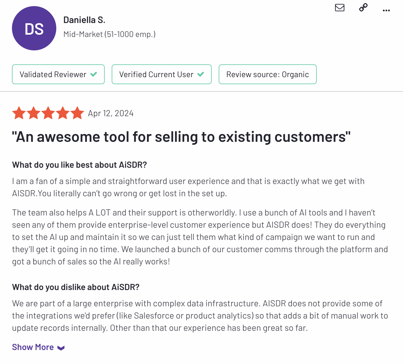AiSDR | Website illustrations| G2 review | An awesome tool for selling to exiting customers | 3
