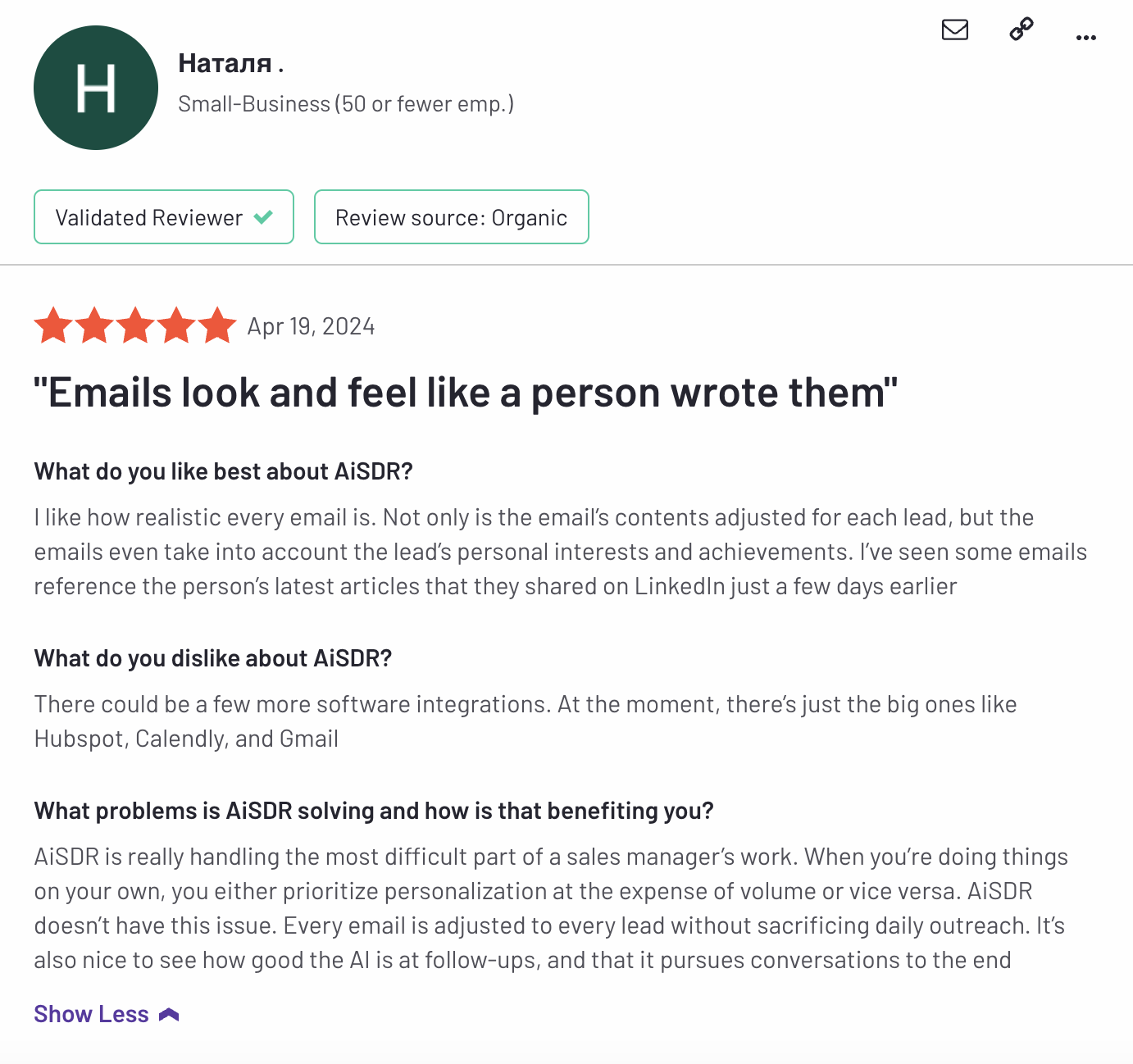 AiSDR | Website illustrations| G2 review | Emails look and feel like a person wrote them | 3