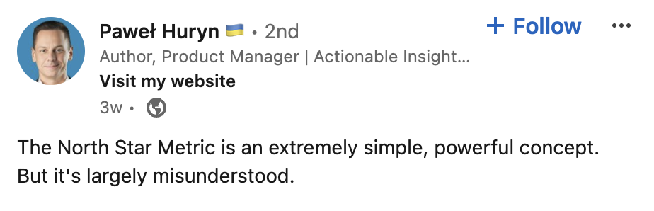 Pawel Huryn LinkedIn post about North Star Metric in cold email in April 2024