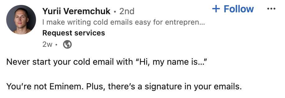 Yurii Veremchuk LinkedIn post about cold email and skipping intros in April 2024