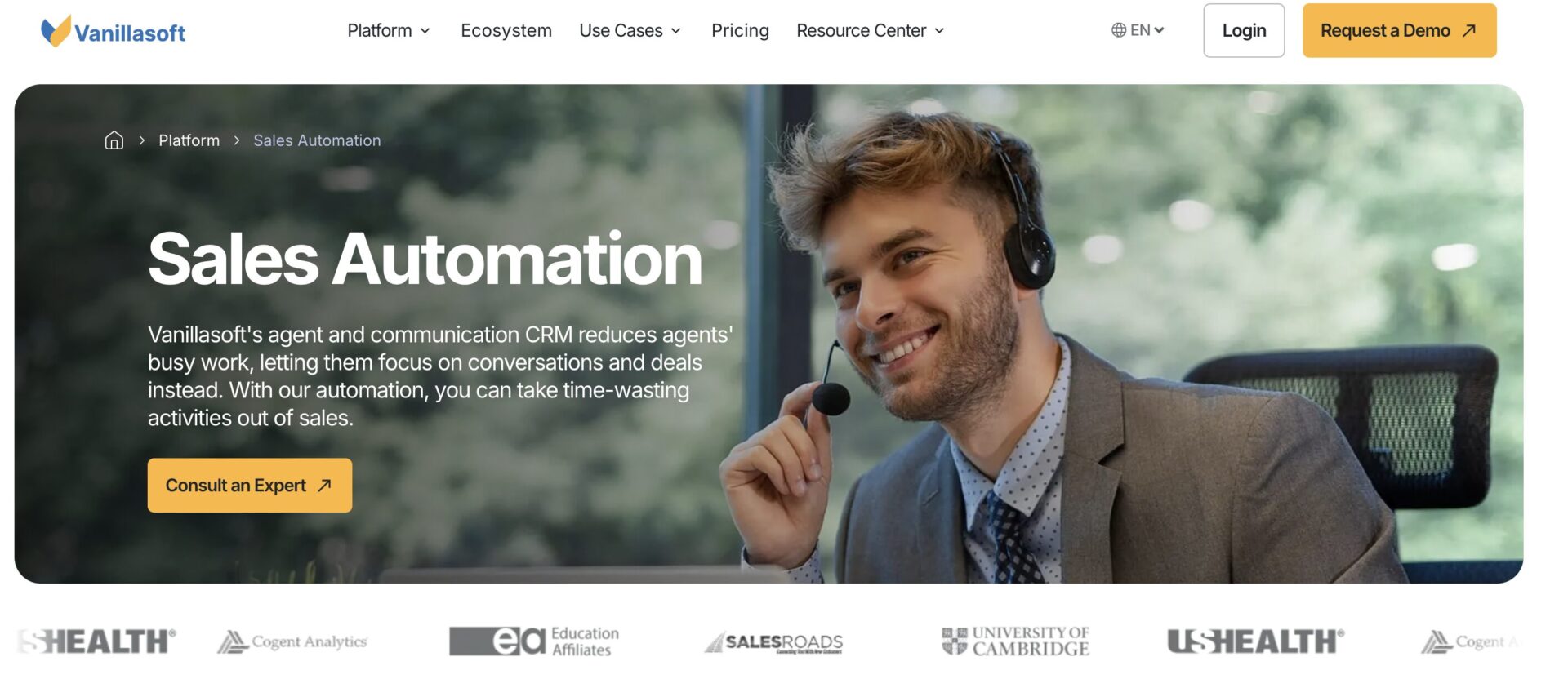 VanillaSoft homepage screenshot