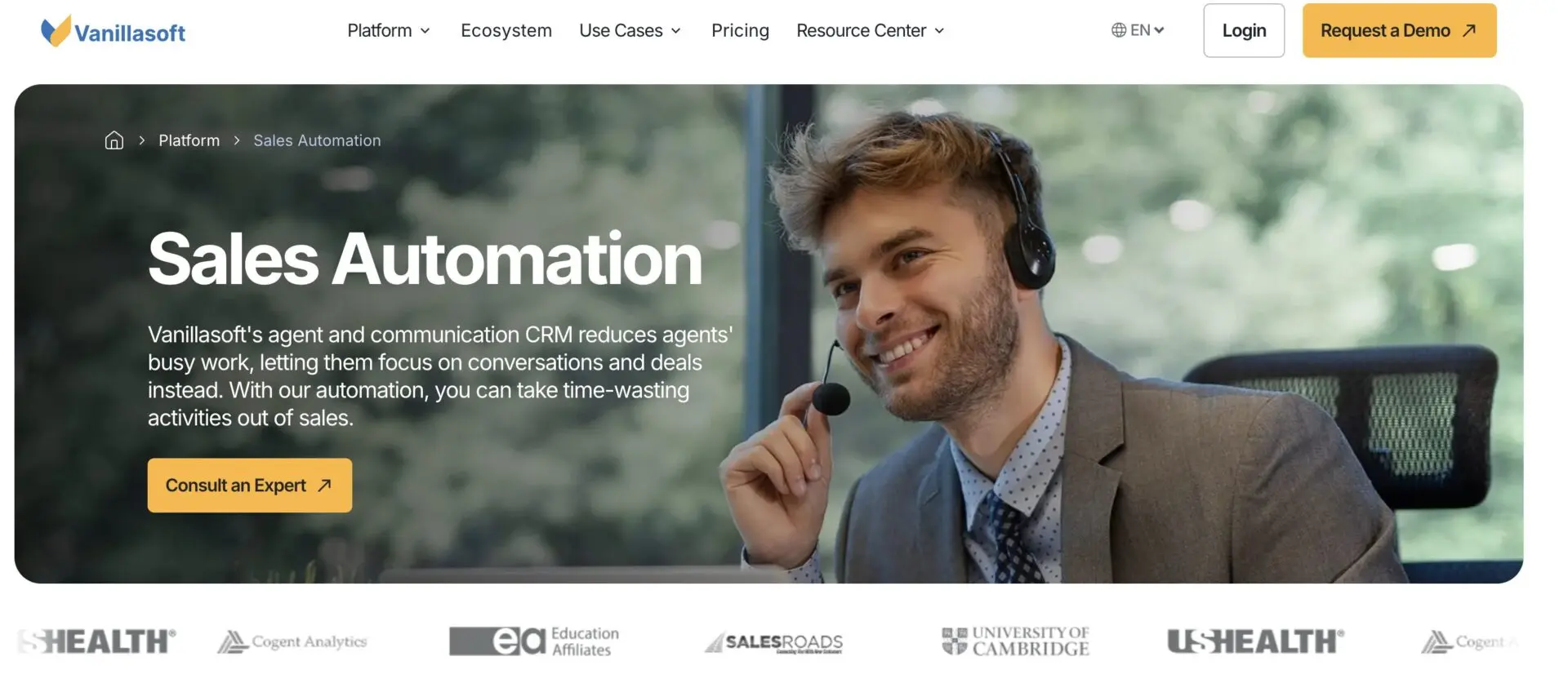 VanillaSoft homepage screenshot