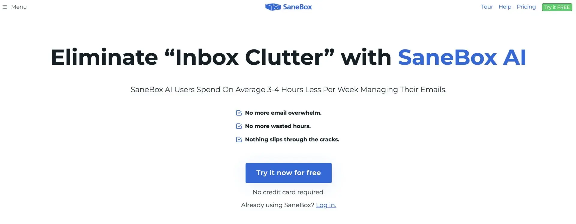SaneBox AI homepage screenshot