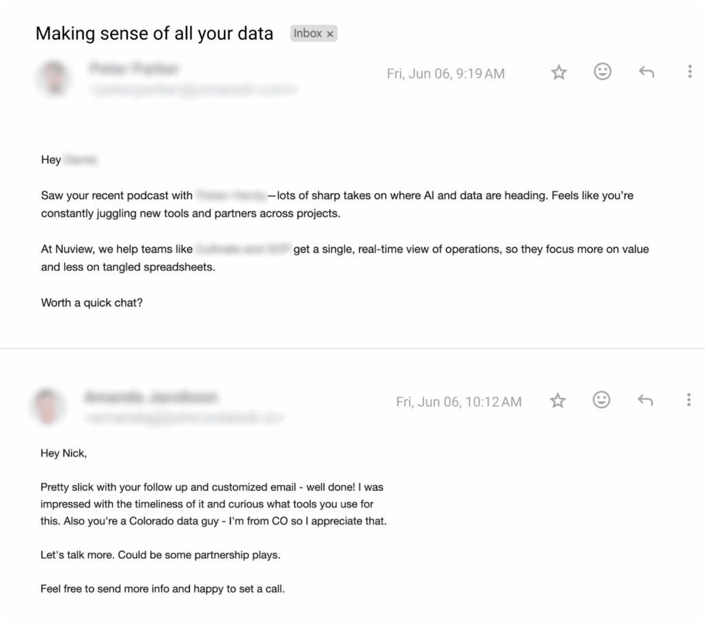 Cold outreach email by AiSDR with a prospect’s positive reply