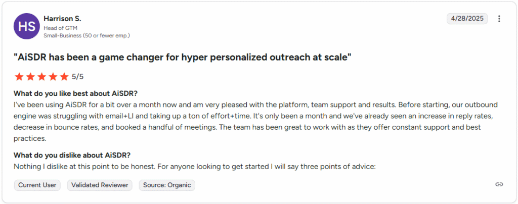 G2 review of AiSDR, an Apollo.io alternative, by Harrison S., head of growth at SMB