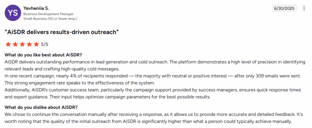 G2 review of AiSDR, a Seamless.ai alternative, by Yevheniia S., business development manager at SMB