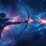 A confident feminine figure shooting an arrow