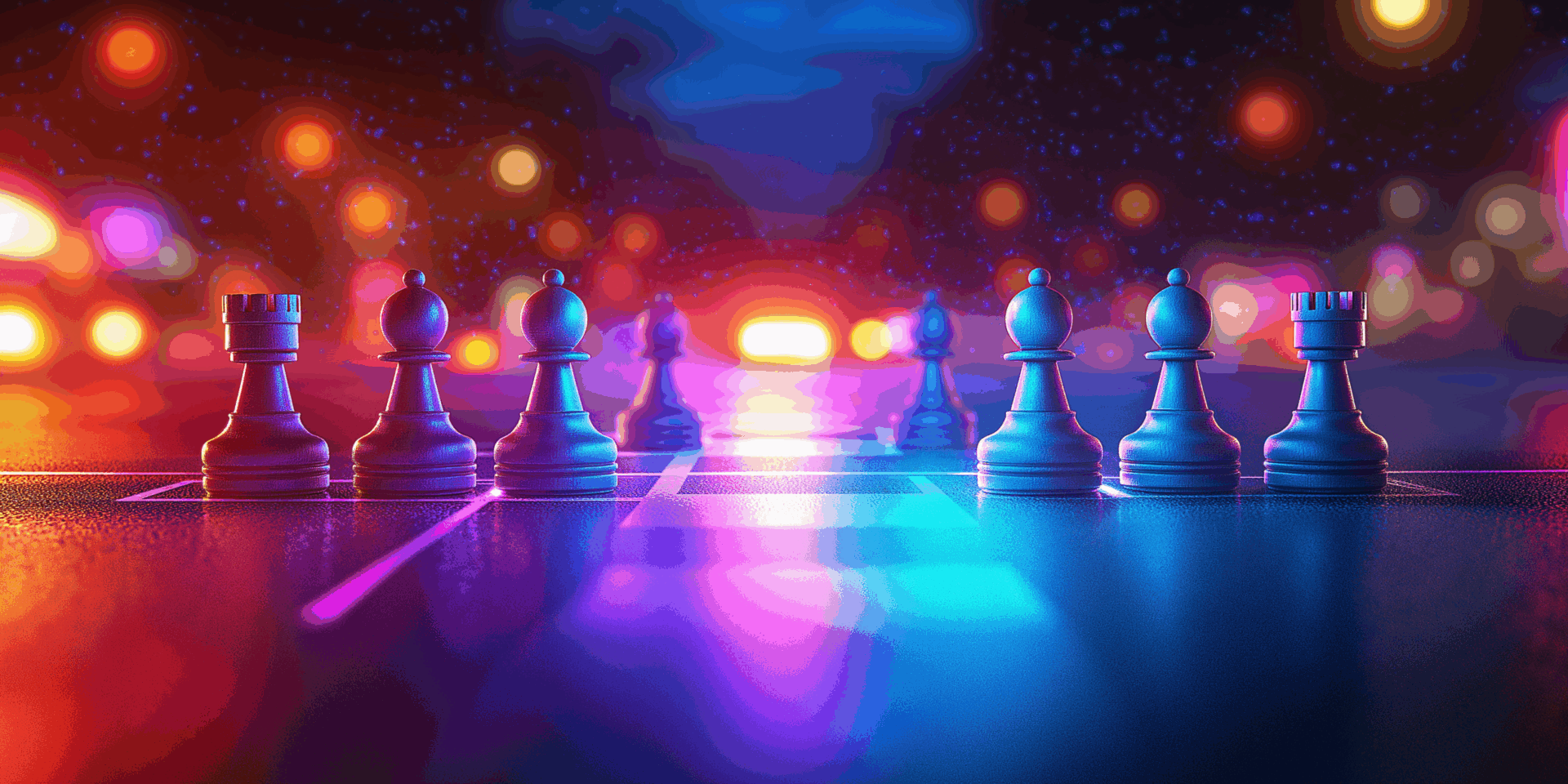 Chess pieces on a shiny chessboard