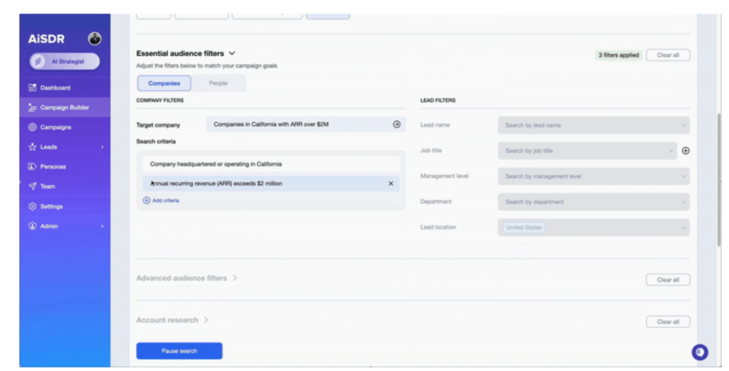 AiSDR Live AI lead search (Source: AiSDR)