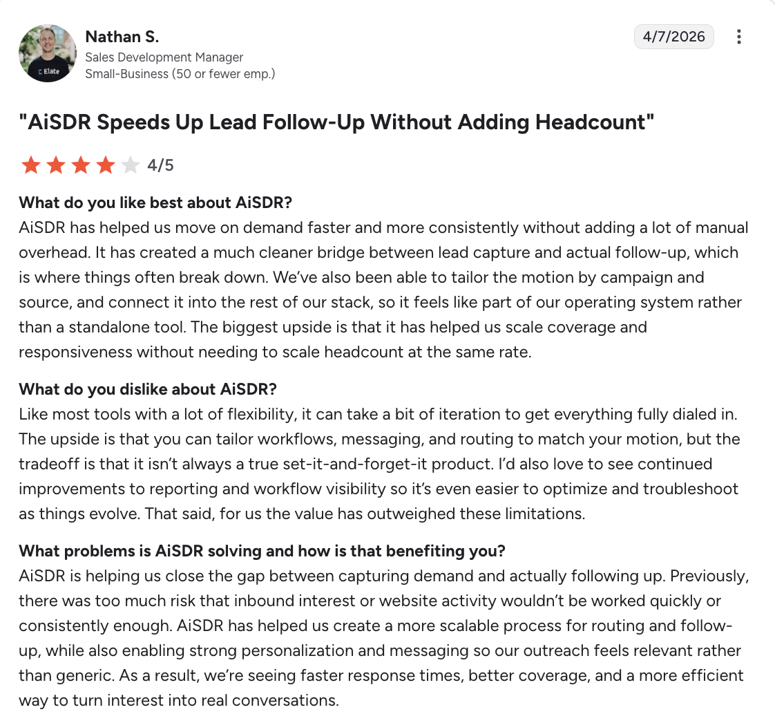 AiSDR | G2 review | Apr 7, 2026