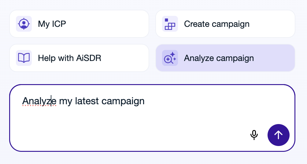 AiSDR AI Strategist 3.0 interface showing conversational prompts for ICP, campaign creation, and campaign analysis