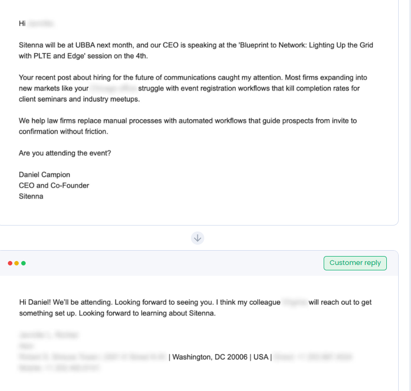 Timing-based close referencing event attendance, followed by a positive reply