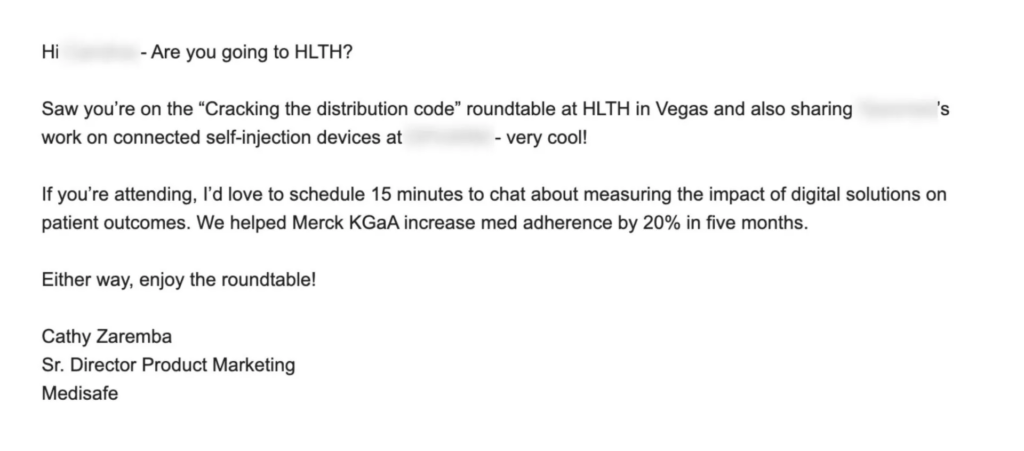 A real AiSDR-generated email for Medisafe that booked a meeting