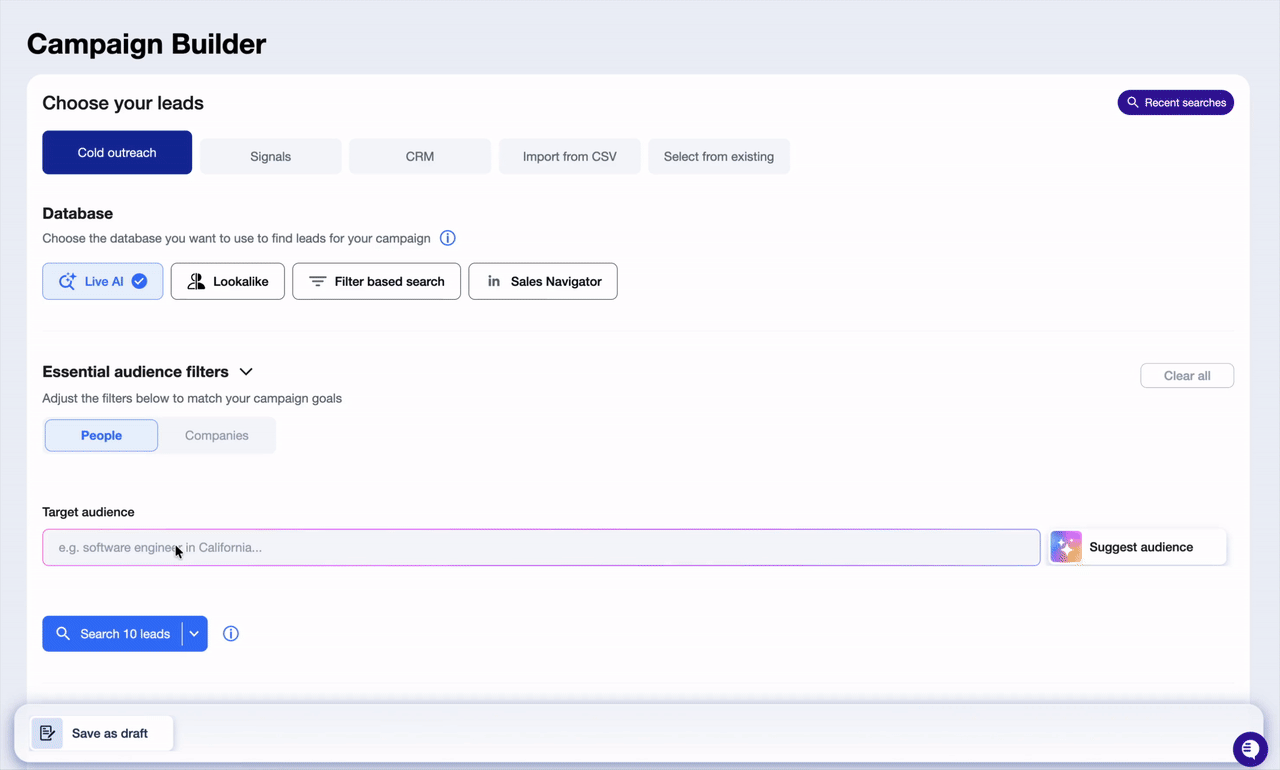 AiSDR Campaign builder | Gif for the Features page | Find leads