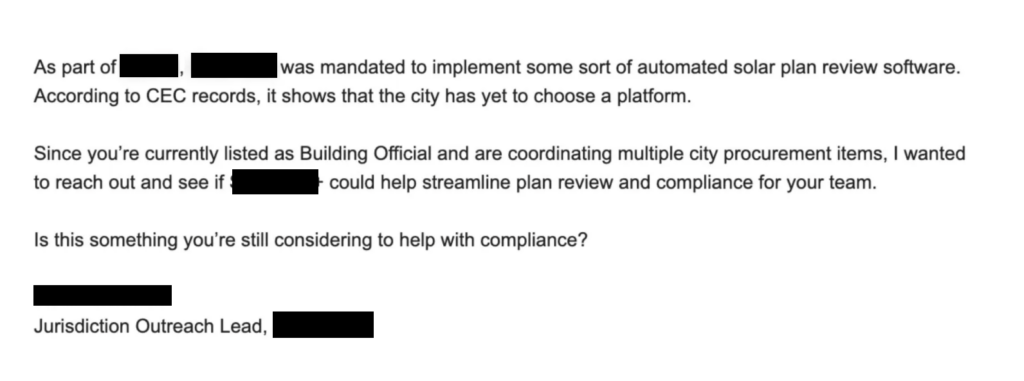 Example of email that booked a meeting with a building official