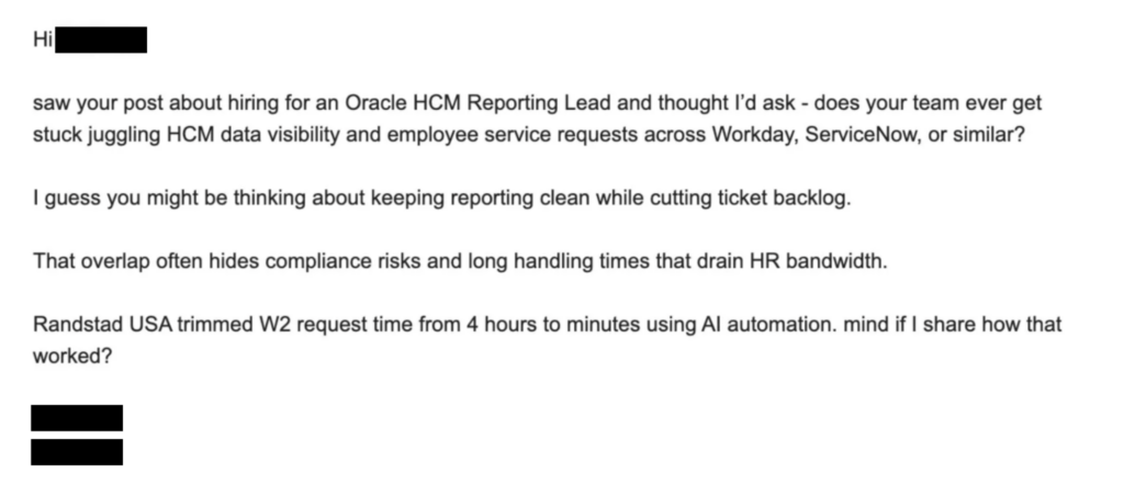 Example of email that booked a meeting with enterprise HR